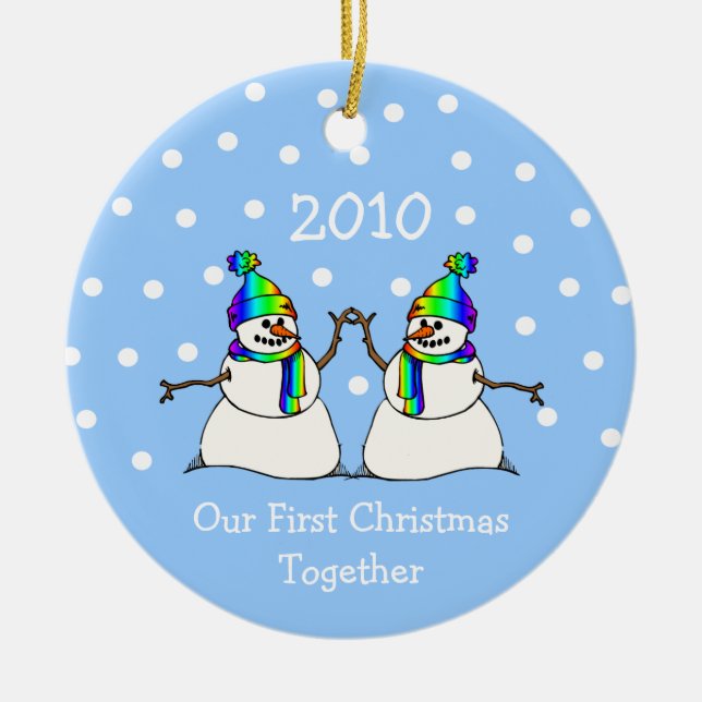 Our First Christmas Together 2010 (GLBT Snowmen) Ceramic Ornament (Front)
