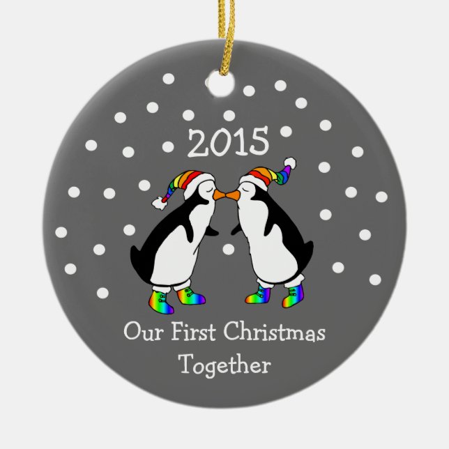 Our First Christmas Together 2015 (LGBT Penguins) Ceramic Ornament (Front)