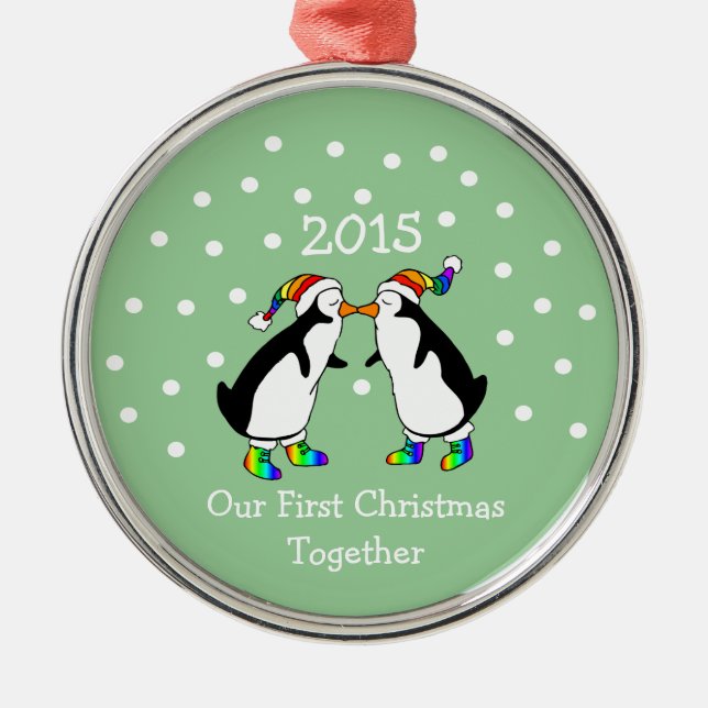 Our First Christmas Together 2015 (LGBT Penguins) Metal Ornament (Front)
