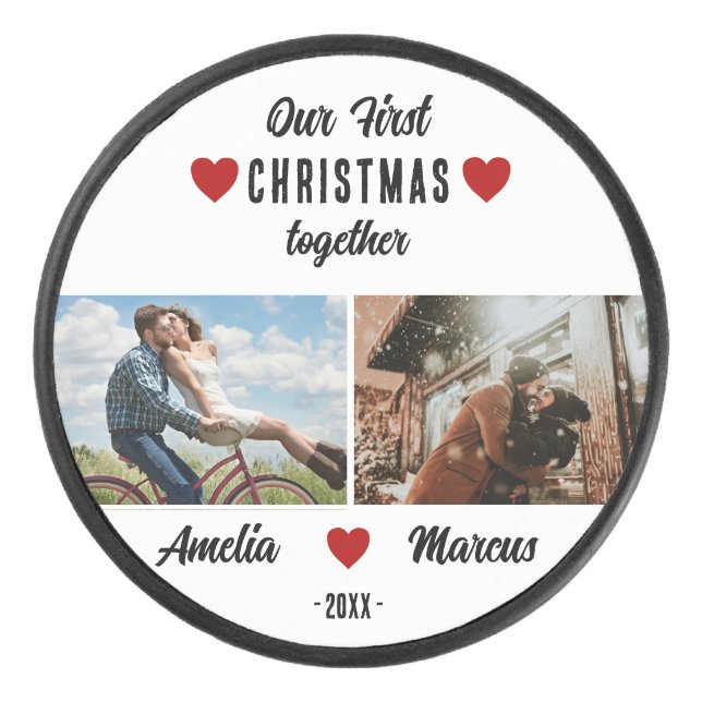 Our First Christmas Together 2 Photos Keepsake Hockey Puck (Front)