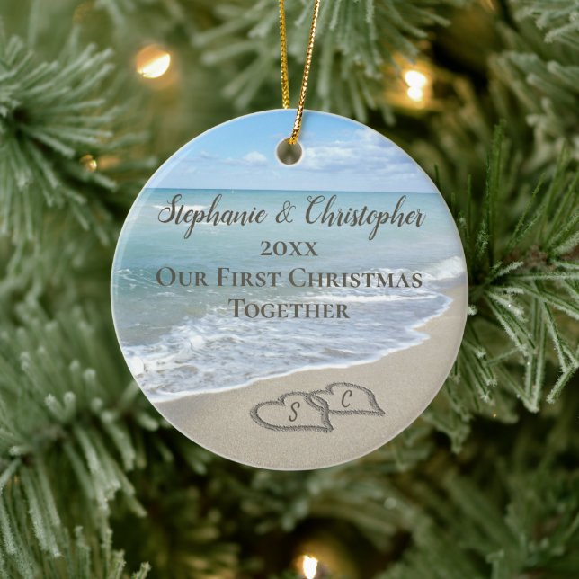 Our First Christmas Together Beach Hearts in Sand Ceramic Ornament (Tree)