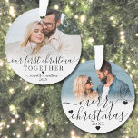 Our First Christmas Together Couple 2 Photo Ornament<br><div class="desc">Personalized Our First Christmas Together Ornament. Celebrate your first holiday season together with this elegant, custom ornament, perfect for capturing the joy of your relationship. The front features space for a treasured photo of the two of you, adorned with the phrase "Our First Christmas Together" in beautiful script calligraphy and...</div>