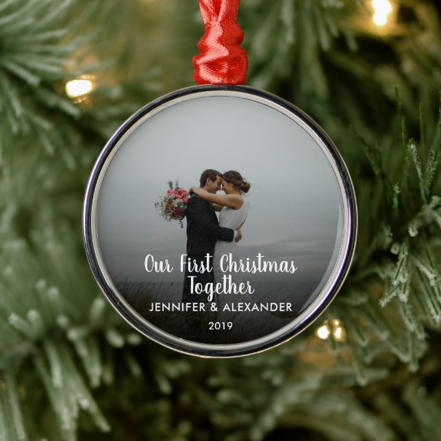 Our First Christmas Together couple married photo Metal Ornament (Tree)