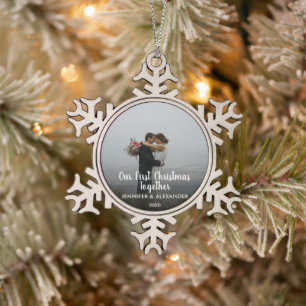 Our First Christmas Together couple married photo Snowflake Pewter Christmas Ornament