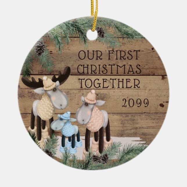 OUR FIRST CHRISTMAS TOGETHER Cute Deer Family Ceramic Ornament (Front)
