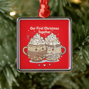 Our First Christmas Together Cute Kawaii Couple Metal Ornament