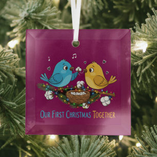 Our First Christmas Together Cute Lovebirds   Glass Ornament