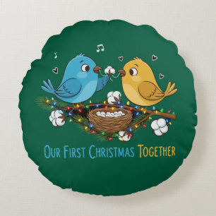 Our First Christmas Together Cute Lovebirds   Round Pillow