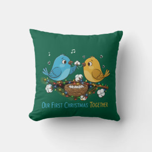 Our First Christmas Together Cute Lovebirds   Throw Pillow