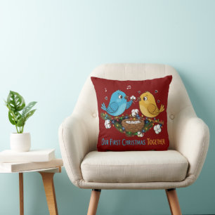 Our First Christmas Together Cute Lovebirds   Throw Pillow