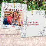 Our First Christmas Together Family Photo Red Ceramic Ornament<br><div class="desc">"Our first Christmas together" - personalized Christmas ornaments are a lovely keepsake to have as part of your Christmas decor. The template is set up ready for you to personalize the ornament with your photo, your names and the year. The design includes hand lettered style script typography and a light...</div>