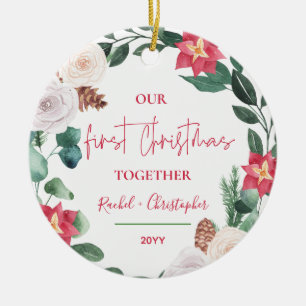 Our First Christmas Together Floral Wreath Photo Ceramic Ornament
