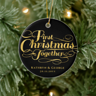 Our First Christmas Together Golden Script Photo Ceramic Ornament