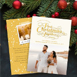 Our First Christmas Together Golden Script Photo Holiday Card<br><div class="desc">'Our Very Merry First Christmas Together' Calligraphy Romantic Script Photo Holiday Wedding Announcement / Mr & Mrs First Christmas Greeting Card. The back of the card features a snapshot photo of the couple, a customizable holiday message, solid colour background with white snow dots pattern. The base background can be changed...</div>