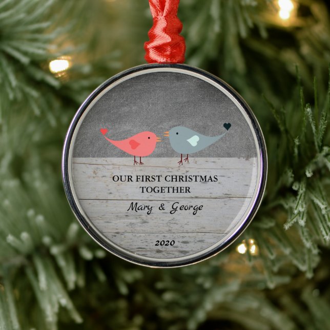 Our first Christmas together love birds wood Metal Ornament (Tree)
