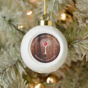 Our first Christmas together love tree rustic wood Ceramic Ball Christmas Ornament