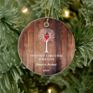 Our first Christmas together love tree rustic wood Ceramic Ornament