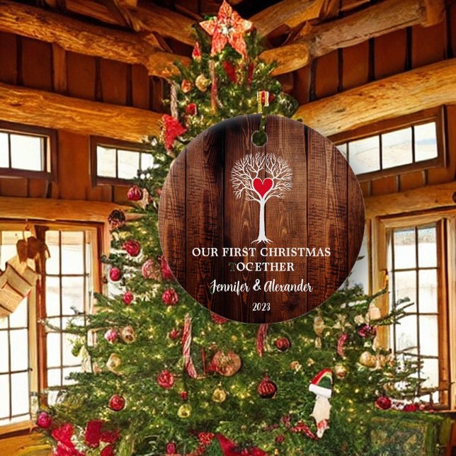 Our first Christmas together love tree rustic wood Ceramic Ornament (Beautiful love tree on rustic barn wood, First Christmas Together, ornament.)