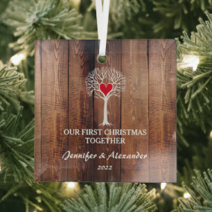 Our first Christmas together love tree rustic wood Glass Ornament