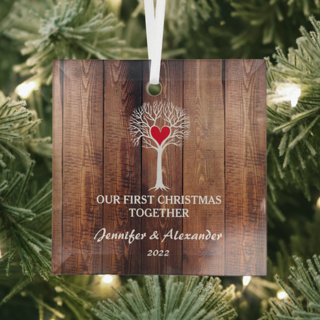 Our first Christmas together love tree rustic wood Glass Ornament (Insitu)