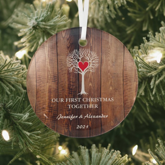 Our first Christmas together love tree rustic wood Glass Ornament (Insitu)