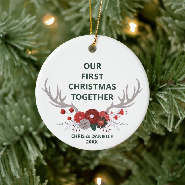 Our First Christmas Together Personalized Antlers Ceramic Ornament (Tree)