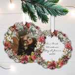 Our First Christmas Together Photo and Date Ornament Card<br><div class="desc">Add your favourite holiday photo to this romantic keepsake for newlyweds. Our first Christmas together ornament with pretty watercolor floral wreath.</div>