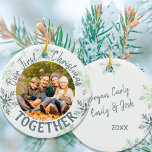 Our First Christmas Together Photo Snowflake Ceramic Ornament<br><div class="desc">"Our first Christmas together" - personalized Christmas ornaments are a lovely keepsake to have as part of your Christmas decor. The template is set up ready for you to personalize the ornament with your photo, your names and the year. The design includes hand lettered style script typography and a light...</div>