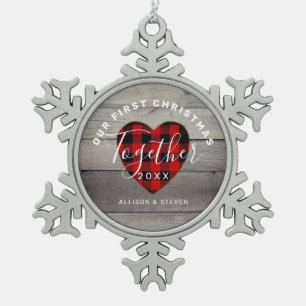 Our First Christmas Together Rustic Personalized Snowflake Pewter Christmas Ornament