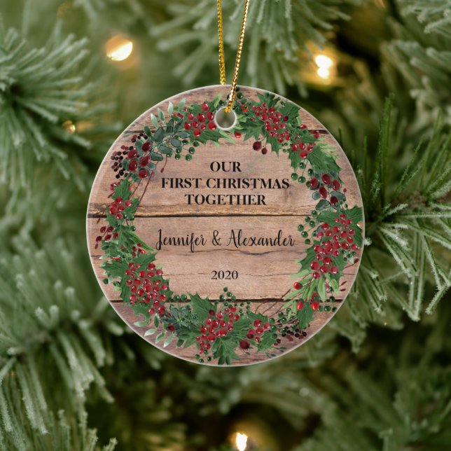 Our first Christmas together rustic wood berries Ceramic Ornament (Tree)