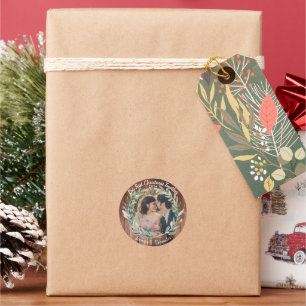 Our first christmas together rustic wood photo classic round sticker