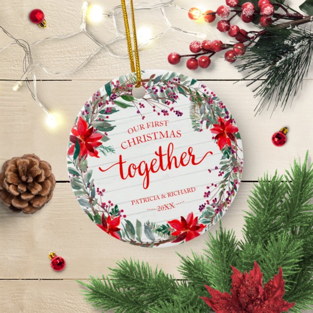 Our First Christmas Together Rustic Wreath Ceramic Ceramic Ornament (Creator Uploaded)