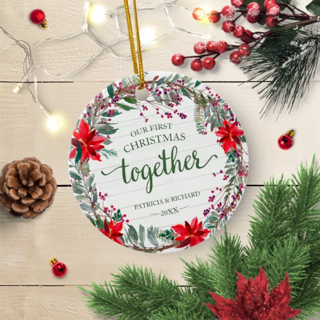 Our First Christmas Together Rustic Wreath Ceramic Ornament (Creator Uploaded)