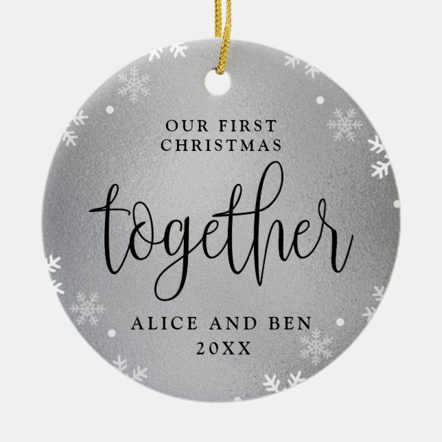 Our First Christmas Together Silver Photo Keepsake Ceramic Ornament (Front)