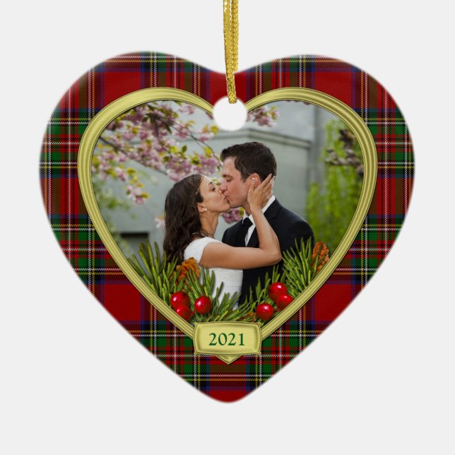 Our First Christmas Together Tartan Photo Xmas Ceramic Ornament (Front)