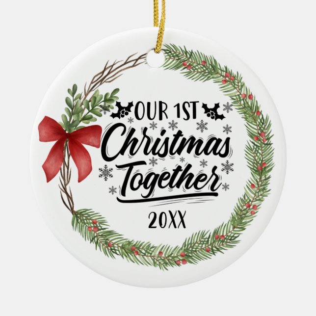 Our First Christmas Together Watercolor Wreath Ceramic Ornament (Front)