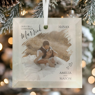 Our First Christmas Together Wedding Photo Glass Ornament