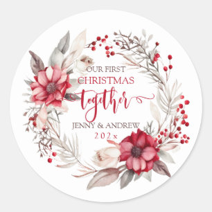 Our first Christmas Together wreath Classic Round Sticker