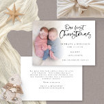 Our First Christmas Twin Babies Custom Photo Holiday Card<br><div class="desc">Our First Christmas Twin Babies Custom Photo Card. Available digitally and printed. Lovely to celebrate your twin babies first Christmas. A playful set script for Our First Christmas and the rest of the text on each side is easy to personalise. Replace the sample photo with your own favourite. A gradient...</div>