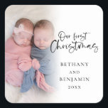 Our First Christmas Twin Baby Name Year Photo Square Sticker<br><div class="desc">Our First Christmas Twin Baby Names Year Photo Overlay Celebrate your twin’s first Christmas along with your festive mailings. A stylish set script for Our  First Christmas and the rest of the text is easy to personalise. Replace the sample photo with your own.</div>