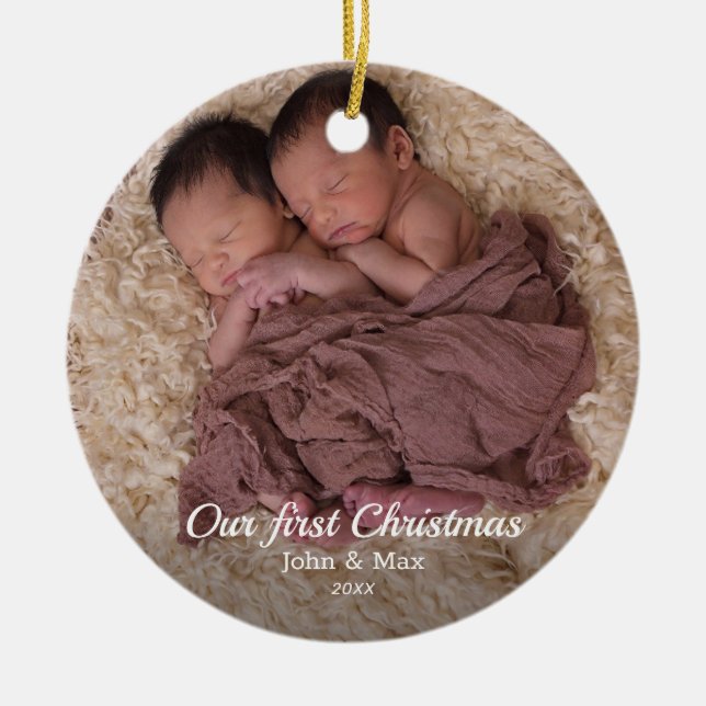 Our First Christmas Twin Baby Photo Ceramic Ornament (Front)