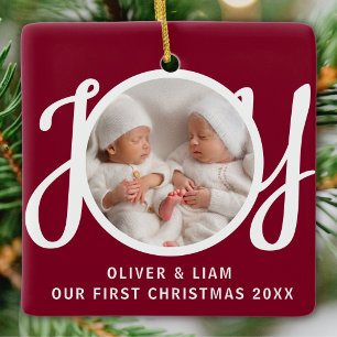 Our First Christmas Twins Photo Deep Joy Maroon Ceramic Ornament