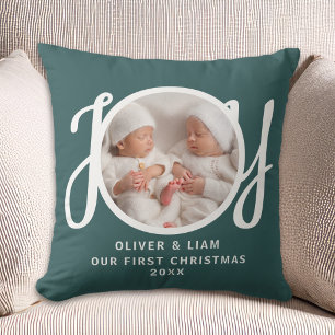 Our First Christmas Twins Photo Green Keepsake Throw Pillow