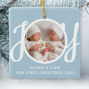 Our First Christmas Twins Photo Joy Blue Ceramic Ornament