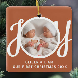Our First Christmas Twins Photo Joy Terracotta Ceramic Ornament