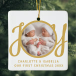 Our First Christmas Twins Photo Keepsake Ceramic Ornament<br><div class="desc">This cute Twins' First Christmas Photo Ornament is decorated with the word JOY in gold,  stylish script typography on a white background.
Easily customizable with your photo,  names,  and year.</div>