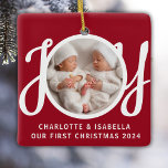 Our First Christmas Twins Photo Red Keepsake Ceramic Ornament<br><div class="desc">This cute Twins First Christmas Photo Ornament is decorated with the word JOY in stylish script typography on a red background.
Easily customizable with your photo,  names,  and year.</div>