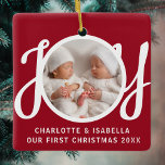 Our First Christmas Twins Photo Red Keepsake Ceramic Ornament<br><div class="desc">This cute Twins First Christmas Photo Ornament is decorated with the word JOY in stylish script typography on a red background.
Easily customizable with your photo,  names,  and year.</div>