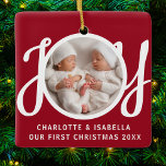 Our First Christmas Twins Photo Red Keepsake Ceramic Ornament<br><div class="desc">This cute Twins First Christmas Photo Ornament is decorated with the word JOY in stylish script typography on a red background.
Easily customizable with your photo,  names,  and year.</div>