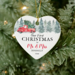 Our First Christmas | Vintage Red Truck Ceramic Ornament<br><div class="desc">Rustic watercolor first christmas tree ornament featuring a simple white background,  watercolor spruce trees,  a vintage red truck,  a mr and mrs text template for you to customize,  and a photo of the newlyweds on the reverse.</div>